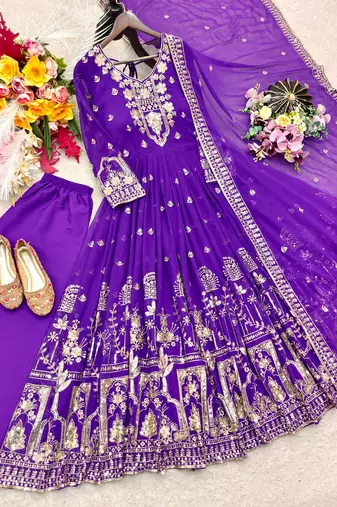 purple color embroidery sequins work faux georgette gown set