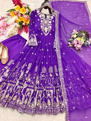 purple color embroidery sequins work faux georgette gown set 4