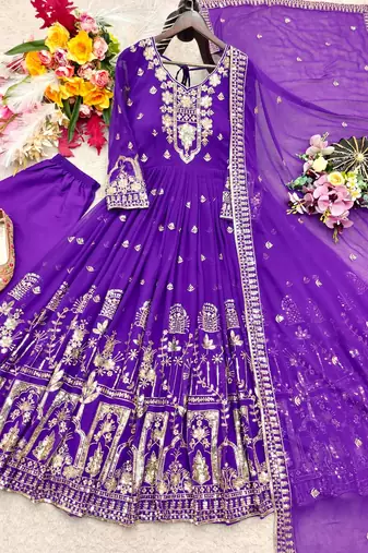 purple color embroidery sequins work faux georgette gown set