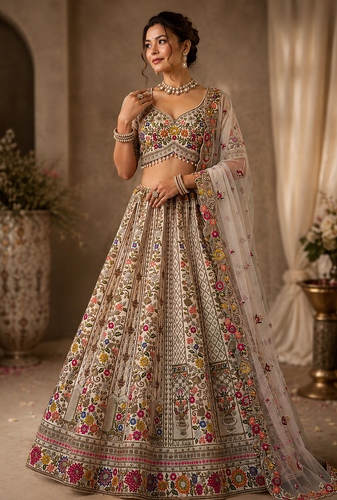cream color Thread Embroidery Dori Zari and Sequins work Diamond silk blend Lehenga Choli set