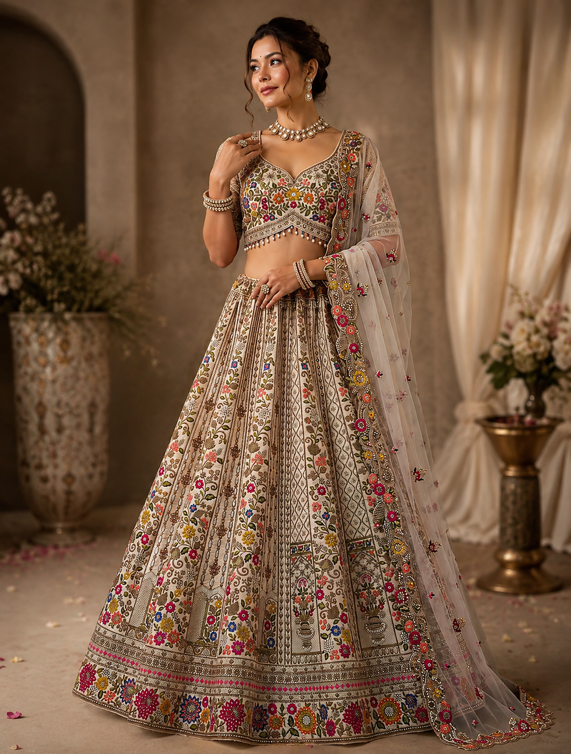 cream color Thread Embroidery Dori Zari and Sequins work Diamond silk blend Lehenga Choli set