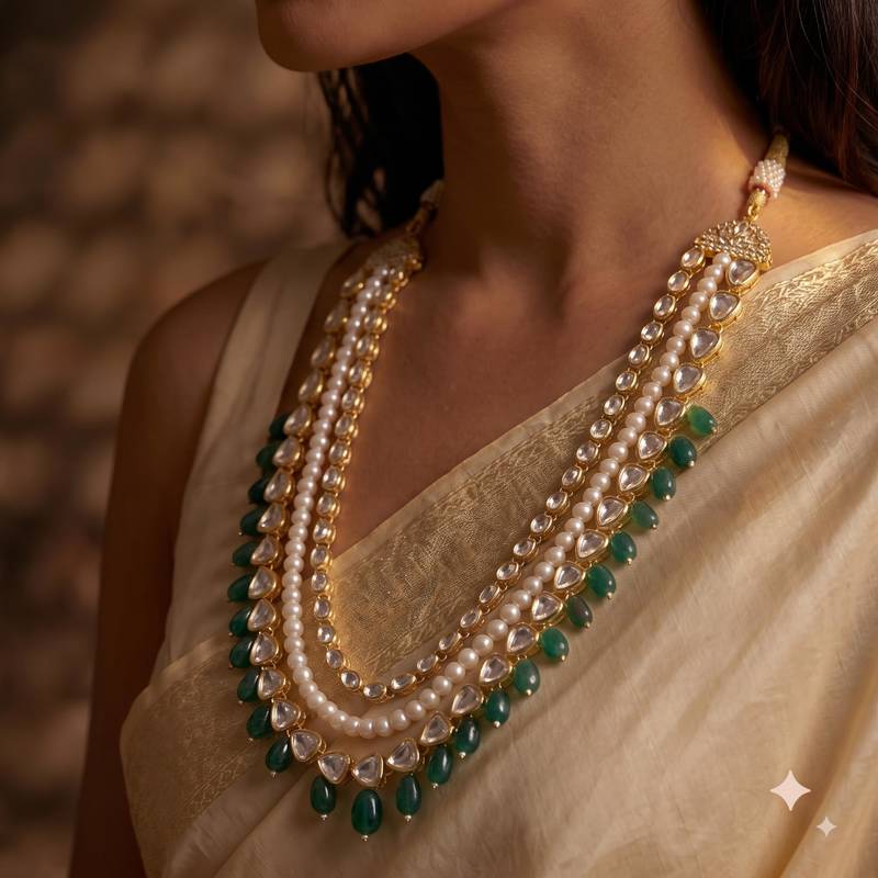 Green kundan pearl necklace for women – elegant festive jewellery