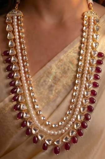 Maroon kundan pearl necklace for women     royal party wear accessory