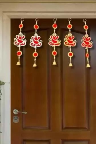 mdf ganesh ji bell hanging for home decor lotus wall hanging (pack of 2)
