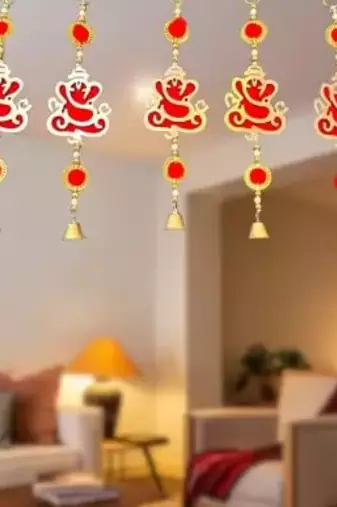 mdf ganesh ji bell hanging for home decor lotus wall hanging (pack of 2)
