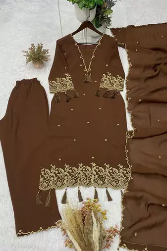 brown color  embroidery work rayon salwar suit