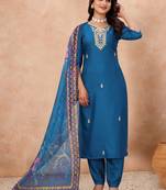 BLUE EMBRODEIRY WORK WITH DIGITAL DUPATTA AND FABRIC COTTON BLEND KURTI PANT DUPATTA SET