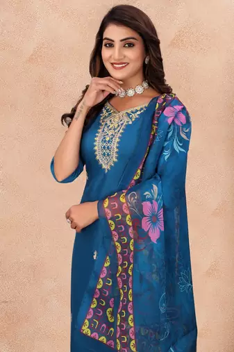 BLUE EMBRODEIRY WORK WITH DIGITAL DUPATTA AND FABRIC COTTON BLEND KURTI PANT DUPATTA SET