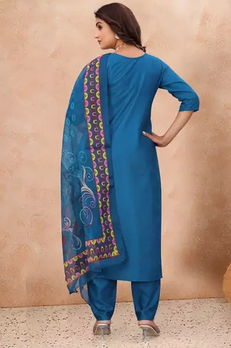 BLUE EMBRODEIRY WORK WITH DIGITAL DUPATTA AND FABRIC COTTON BLEND KURTI PANT DUPATTA SET