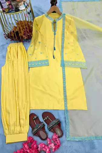 Yellow Color Embroidery Work Sillk Blend Salwar Suit 
