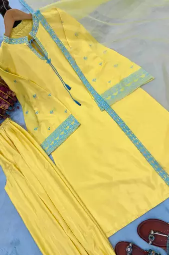 Yellow Color Embroidery Work Sillk Blend Salwar Suit 