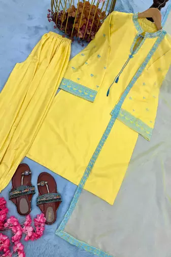Yellow Color Embroidery Work Sillk Blend Salwar Suit 