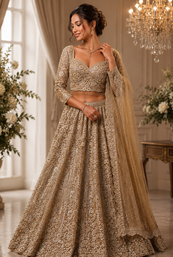 Beige color Shimmering silver-gold sequins Dori embroidery Fine cut-dana work net Lehenga Choli set
