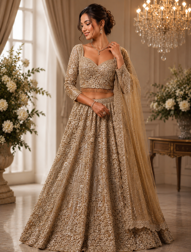 Beige color Shimmering silver-gold sequins Dori embroidery Fine cut-dana work net Lehenga Choli set