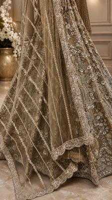 Beige color Shimmering silver-gold sequins Dori embroidery Fine cut-dana work net Lehenga Choli set 4
