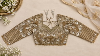 Beige color Shimmering silver-gold sequins Dori embroidery Fine cut-dana work net Lehenga Choli set 5
