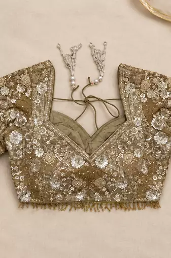 Beige color Shimmering silver-gold sequins Dori embroidery Fine cut-dana work net Lehenga Choli set