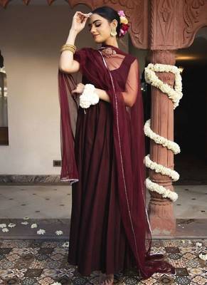 Wine rayon plain anarkali kurta set with dupatta for women 1