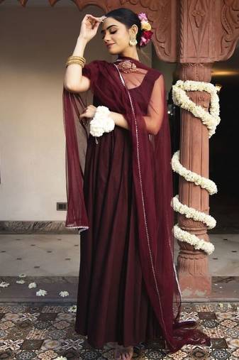 Wine rayon plain anarkali kurta set with dupatta for women