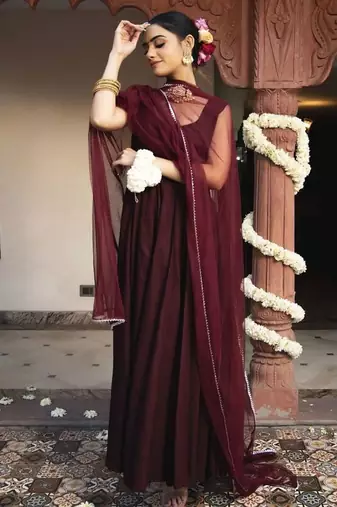 Wine rayon plain anarkali kurta set with dupatta for women