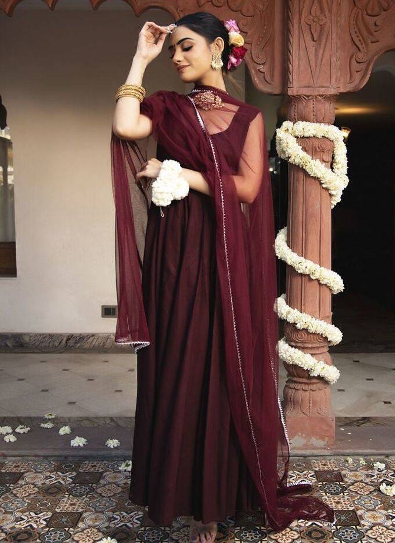 Wine rayon plain anarkali kurta set with dupatta for women