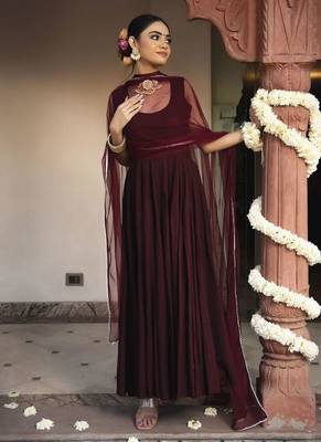 Wine rayon plain anarkali kurta set with dupatta for women 2