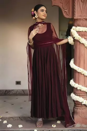 Wine rayon plain anarkali kurta set with dupatta for women
