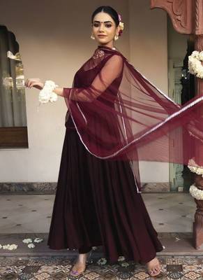 Wine rayon plain anarkali kurta set with dupatta for women 3