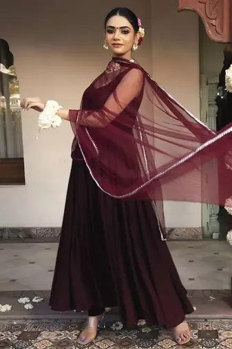 Wine rayon plain anarkali kurta set with dupatta for women