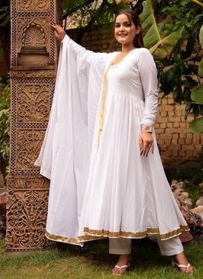 White cotton plain anarkali kurta set with dupatta for women 1
