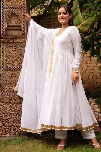 White cotton plain anarkali kurta set with dupatta for women
