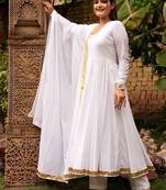 White cotton plain anarkali kurta set with dupatta for women