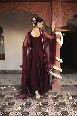 Wine rayon plain anarkali kurta set with dupatta for women 4