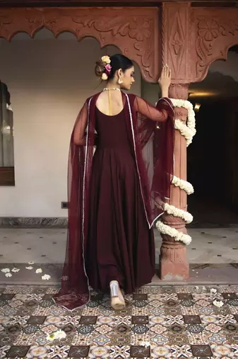 Wine rayon plain anarkali kurta set with dupatta for women