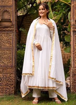 White cotton plain anarkali kurta set with dupatta for women 2