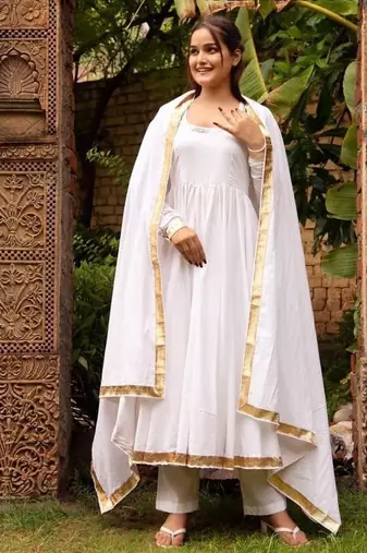 White cotton plain anarkali kurta set with dupatta for women