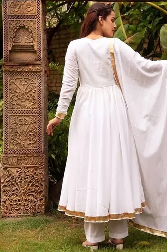 White cotton plain anarkali kurta set with dupatta for women