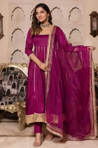 Violet rayon plain anarkali kurta set with dupatta for women