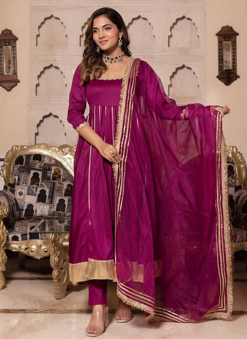 Violet rayon plain anarkali kurta set with dupatta for women
