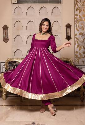 Violet rayon plain anarkali kurta set with dupatta for women 2