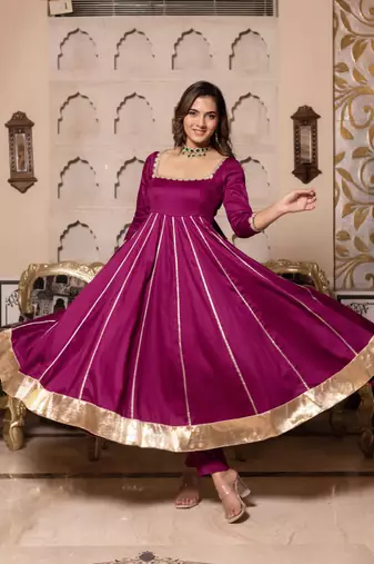 Violet rayon plain anarkali kurta set with dupatta for women