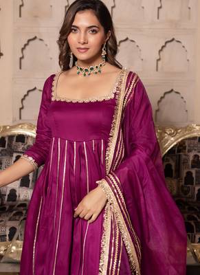 Violet rayon plain anarkali kurta set with dupatta for women 3