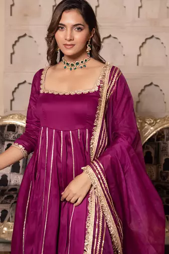 Violet rayon plain anarkali kurta set with dupatta for women
