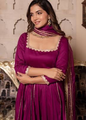 Violet rayon plain anarkali kurta set with dupatta for women 4
