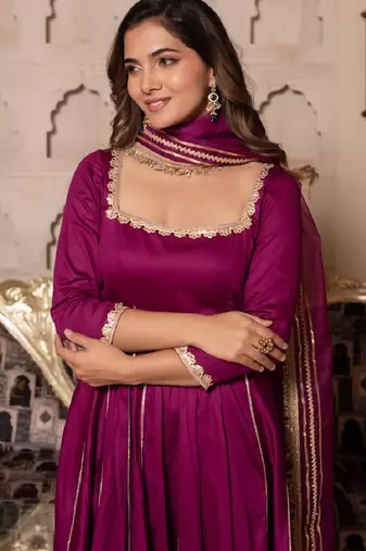 Violet rayon plain anarkali kurta set with dupatta for women