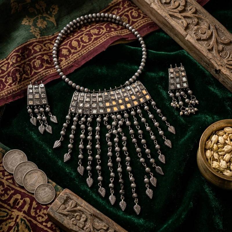 Silver color oxidised traditional necklace set