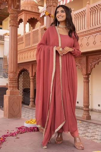 Rosegold georgette plain anarkali kurta set with dupatta for women