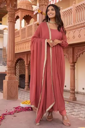 Rosegold georgette plain anarkali kurta set with dupatta for women