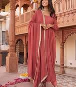 Rosegold georgette plain anarkali kurta set with dupatta for women