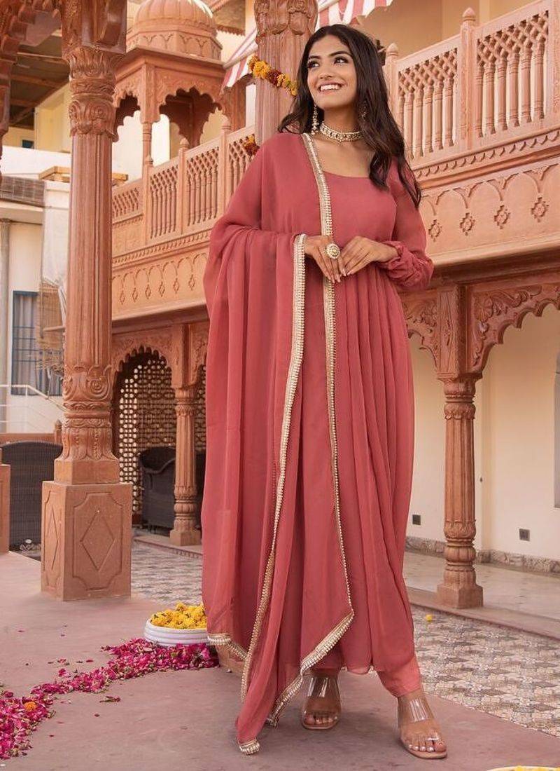 Rosegold georgette plain anarkali kurta set with dupatta for women